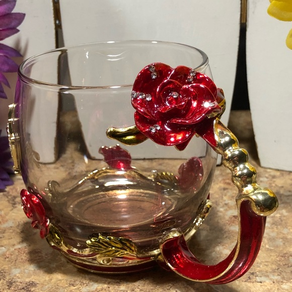 New Kpcuistic Red Rose & Butterfly Tea/Coffee Mug W/Silver Spoon & Coaster - Picture 2 of 11